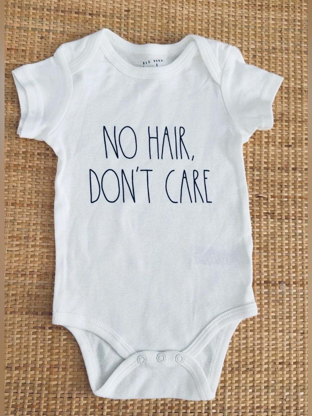 Rae Dunn Baby One-Piece Bodysuit with Navy 'No Hair, Don't Care' Text• Size 6-9m